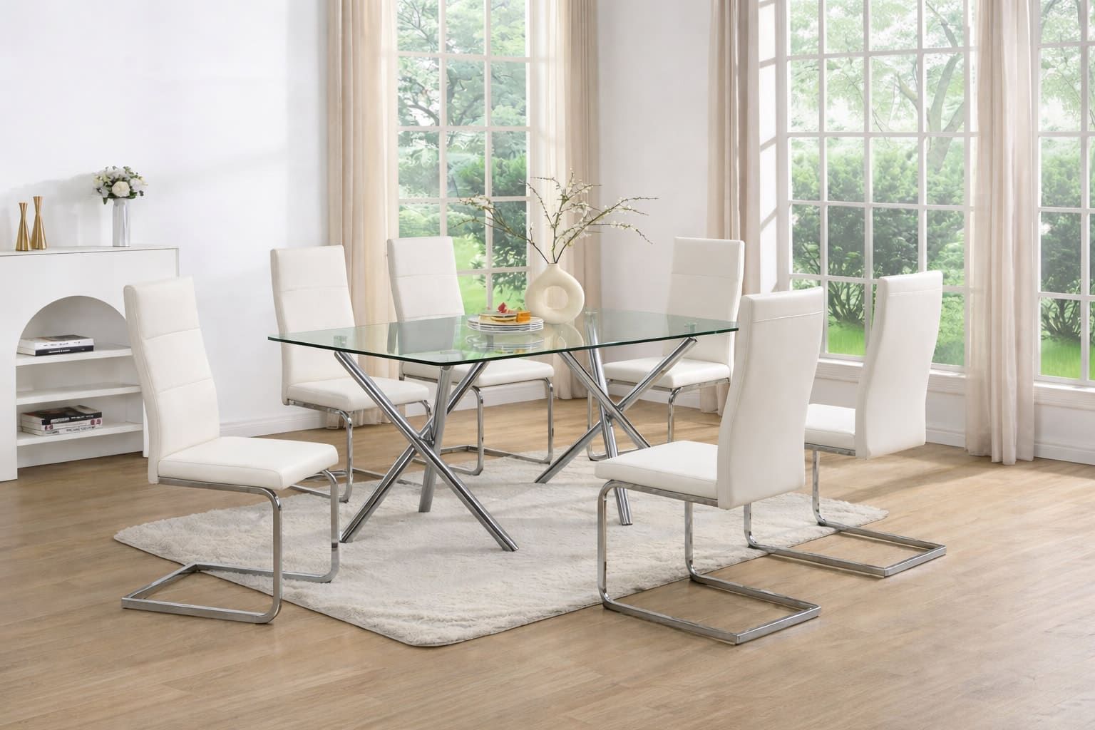 D201 White - Glass Table + 6 Chairs