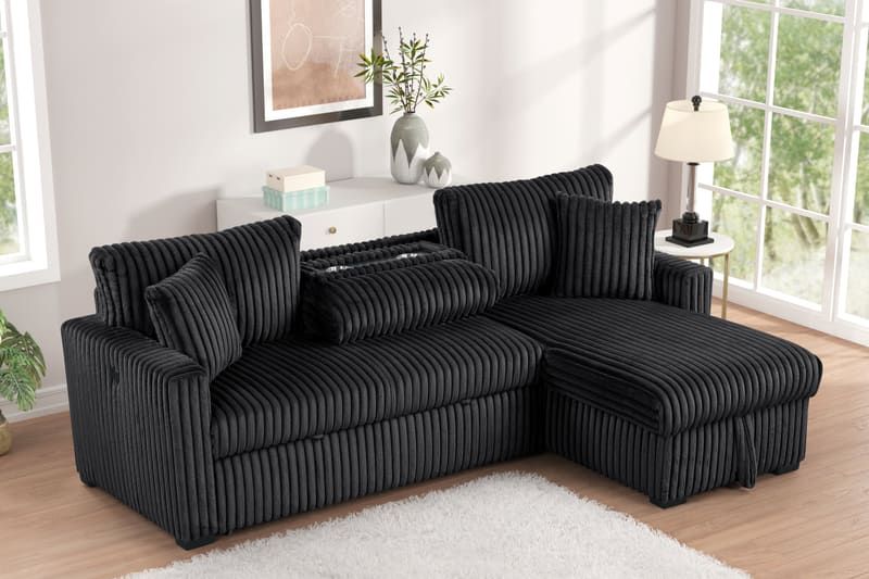 Aria Black Sectional With Pull-Out Bed & Storage Chaise