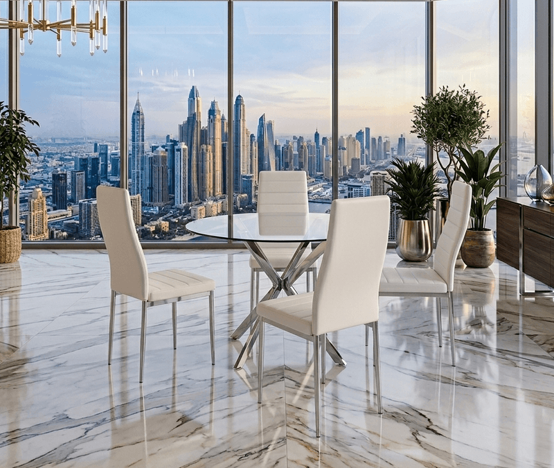 D108 - White - Glass Table + 4 Chairs