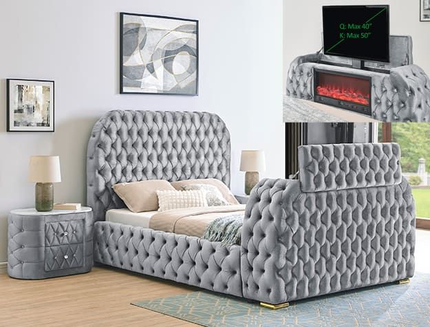 5115GY NATALIA BED W/FIREPLACE,TV LIFT GY